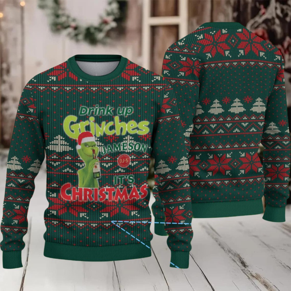 Green Red Snowflake and Tree Pattern “Drink Up Grinches – It’s Christmas” Ugly Christmas Sweater Featuring Jameson Irish Whiskey Green Red Snowflake and Tree Pattern “Drink Up Grinches – It’s Christmas” Ugly Christmas Sweater Featuring Jameson Irish Whiskey