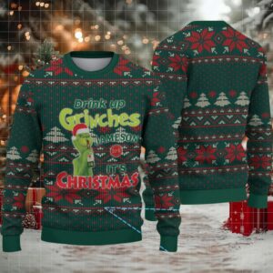 Green Red Snowflake and Tree Pattern “Drink Up Grinches – It’s Christmas” Ugly Christmas Sweater Featuring Jameson Irish Whiskey