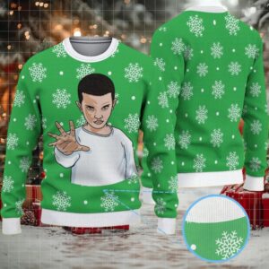Green Snowflake Ugly Christmas Sweater Stranger Things Eleven with White Polka Dot Knit
