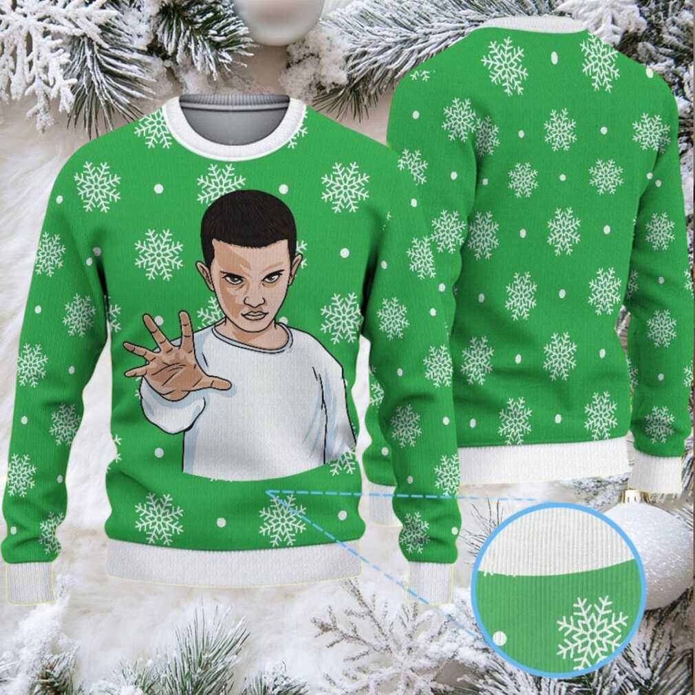 Green Snowflake Ugly Christmas Sweater Stranger Things Eleven with White Polka Dot Knit Green Snowflake Ugly Christmas Sweater Stranger Things Eleven with White Polka Dot Knit