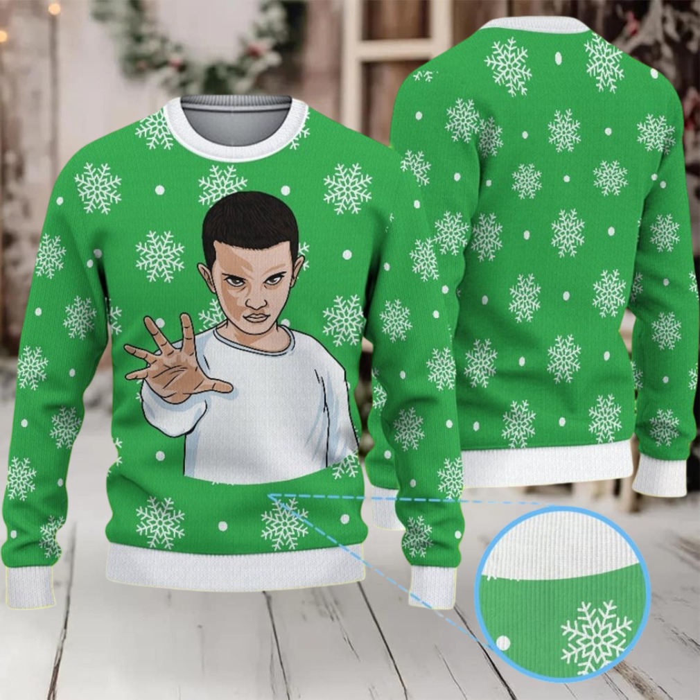 Green Snowflake Ugly Christmas Sweater Stranger Things Eleven with White Polka Dot Knit Green Snowflake Ugly Christmas Sweater Stranger Things Eleven with White Polka Dot Knit