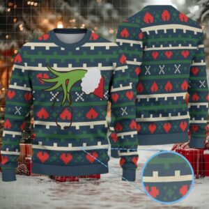 Green Ugly Christmas Sweater with Red Heart Pattern Featuring Nurse Grinch Hand Holding Stethoscope