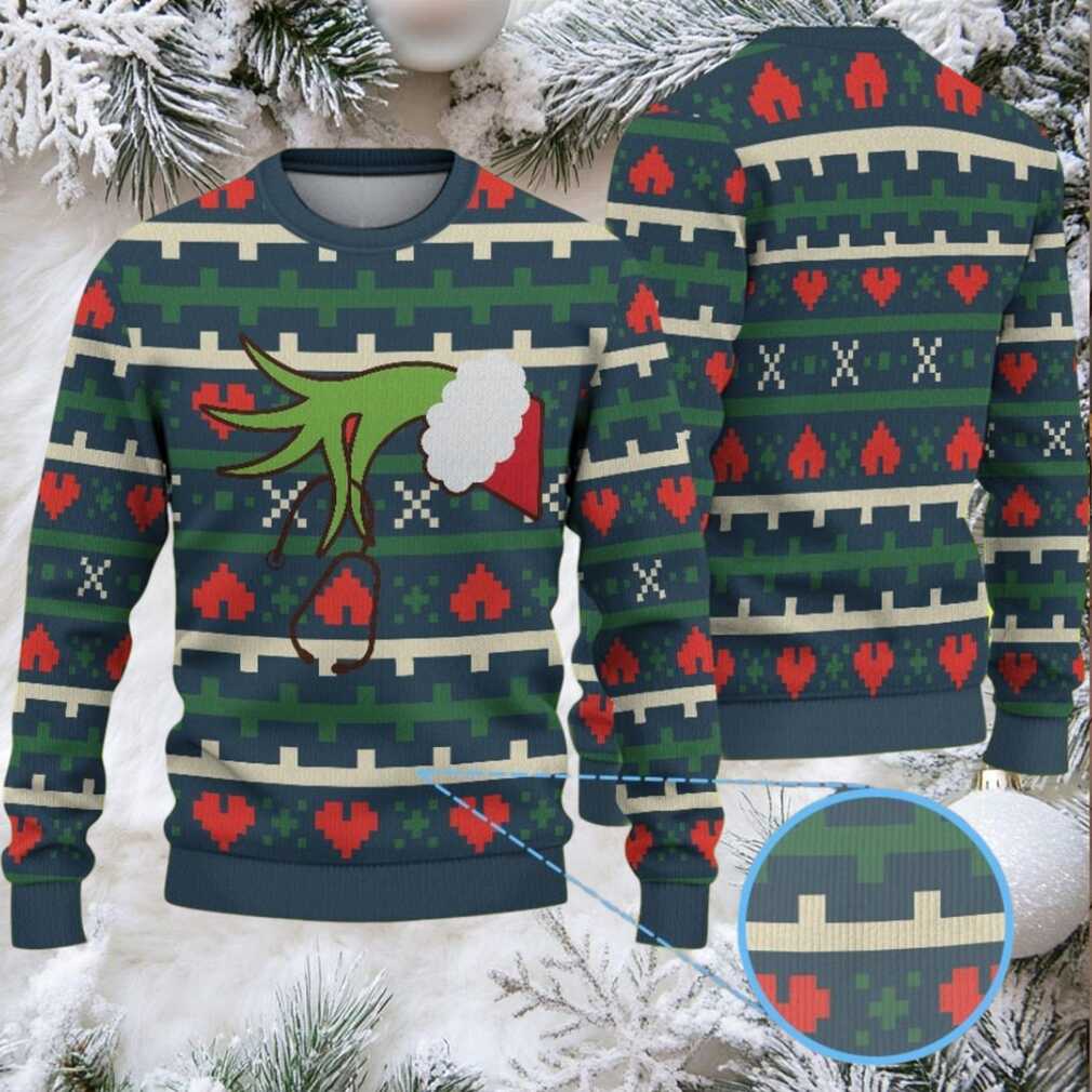 Green Ugly Christmas Sweater with Red Heart Pattern Featuring Nurse Grinch Hand Holding Stethoscope Green Ugly Christmas Sweater with Red Heart Pattern Featuring Nurse Grinch Hand Holding Stethoscope