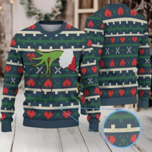 Green Ugly Christmas Sweater with Red Heart Pattern Featuring Nurse Grinch Hand Holding Stethoscope