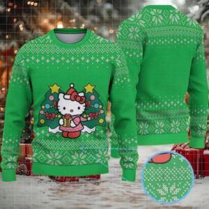 Green Ugly Christmas Sweater with Snowflake Pattern Featuring Hello Kitty Holding a Present Between Christmas Trees