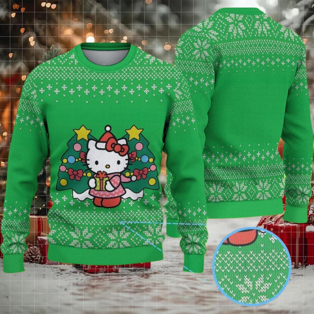 Green Ugly Christmas Sweater with Snowflake Pattern Featuring Hello Kitty Holding a Present Between Christmas Trees Green Ugly Christmas Sweater with Snowflake Pattern Featuring Hello Kitty Holding a Present Between Christmas Trees