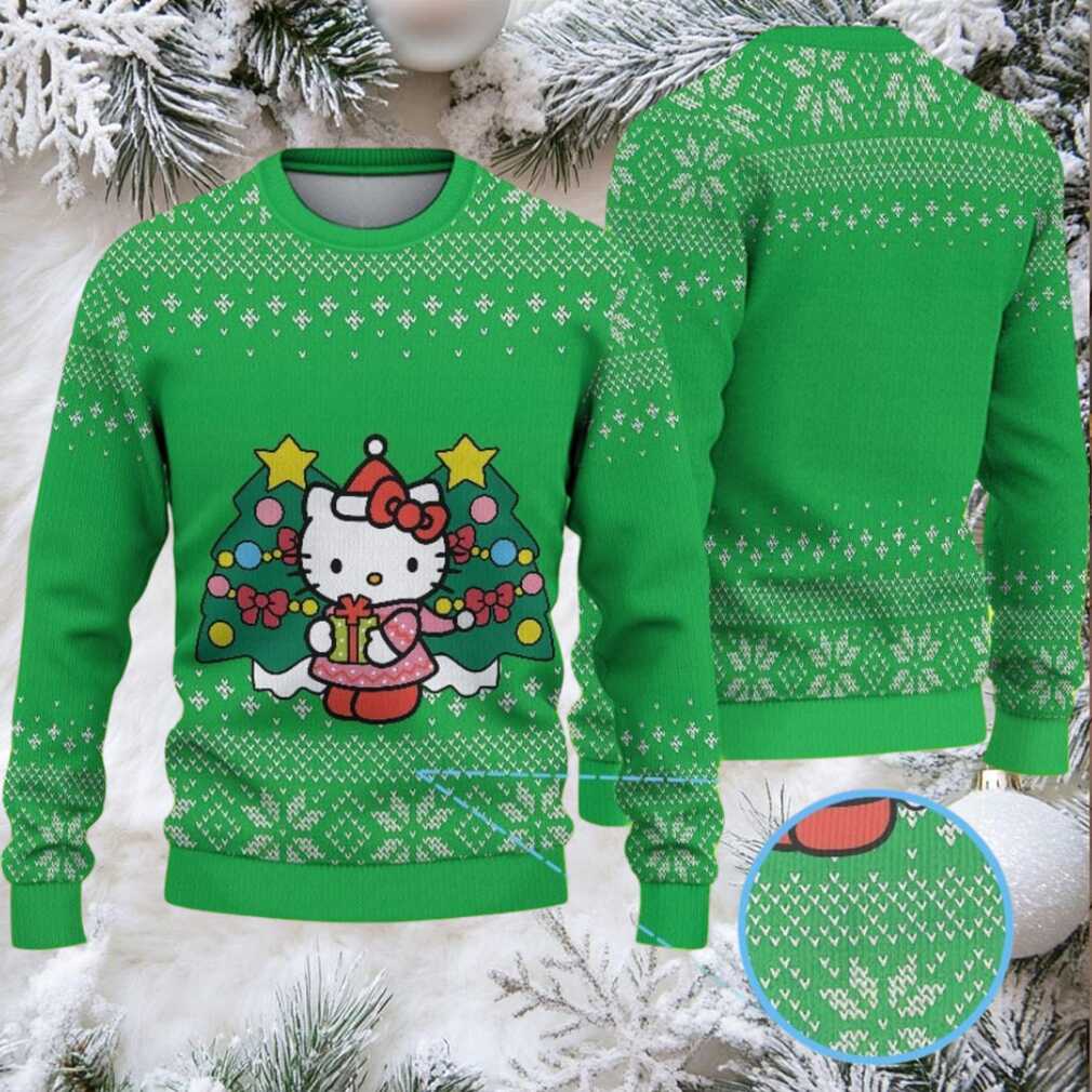 Green Ugly Christmas Sweater with Snowflake Pattern Featuring Hello Kitty Holding a Present Between Christmas Trees Green Ugly Christmas Sweater with Snowflake Pattern Featuring Hello Kitty Holding a Present Between Christmas Trees