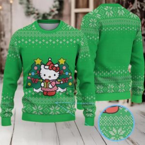 Green Ugly Christmas Sweater with Snowflake Pattern Featuring Hello Kitty Holding a Present Between Christmas Trees