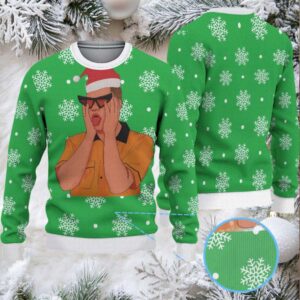 Green Ugly Christmas Sweater with White Snowflake Pattern Featuring Bad Bunny Santa Hat
