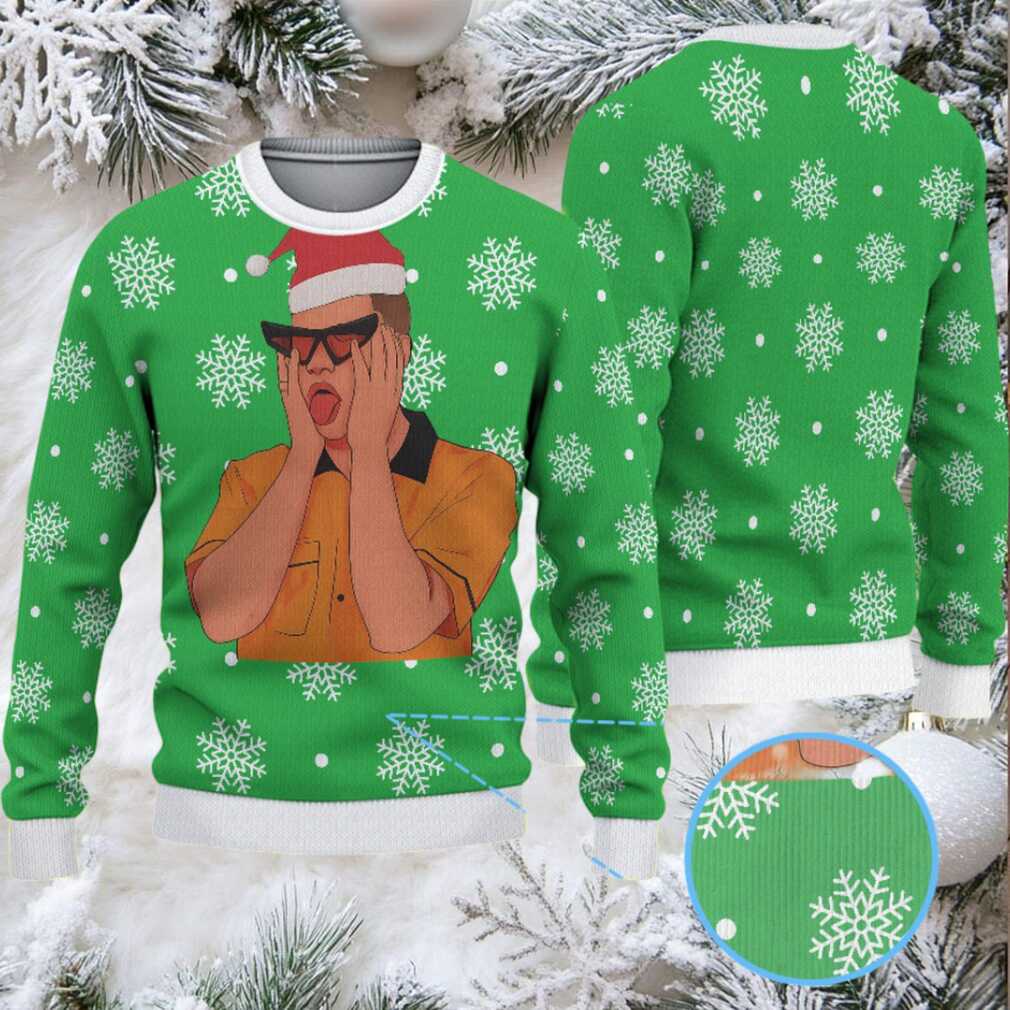 Green Ugly Christmas Sweater with White Snowflake Pattern Featuring Bad Bunny Santa Hat