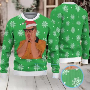 Green Ugly Christmas Sweater with White Snowflake Pattern Featuring Bad Bunny Santa Hat