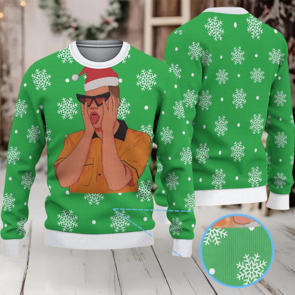 Green Ugly Christmas Sweater with White Snowflake Pattern Featuring Bad Bunny Santa Hat Green Ugly Christmas Sweater with White Snowflake Pattern Featuring Bad Bunny Santa Hat