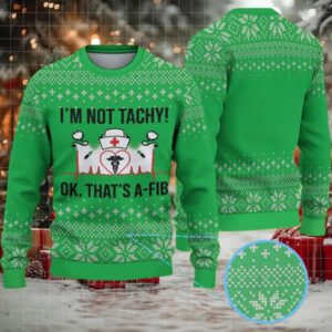 Green Ugly Christmas Sweater with White Snowflake Pattern Featuring Nurse Heartbeat Atrial Fibrillation