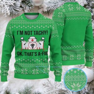 Green Ugly Christmas Sweater with White Snowflake Pattern Featuring Nurse Heartbeat Atrial Fibrillation