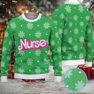 Green Ugly Christmas Sweater with White Snowflake Pattern Featuring Nurse Text