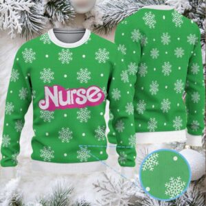 Green Ugly Christmas Sweater with White Snowflake Pattern Featuring Nurse Text