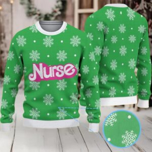 Green Ugly Christmas Sweater with White Snowflake Pattern Featuring Nurse Text