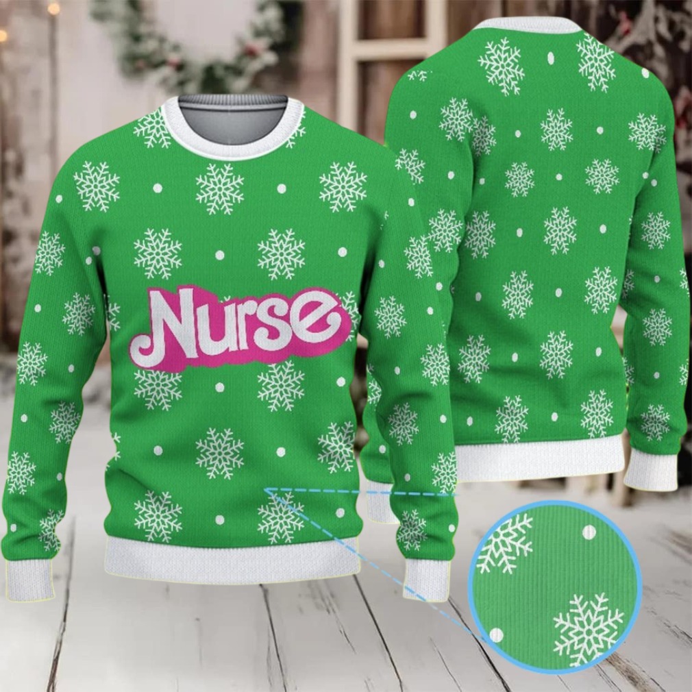 Green Ugly Christmas Sweater with White Snowflake Pattern Featuring Nurse Text Green Ugly Christmas Sweater with White Snowflake Pattern Featuring Nurse Text