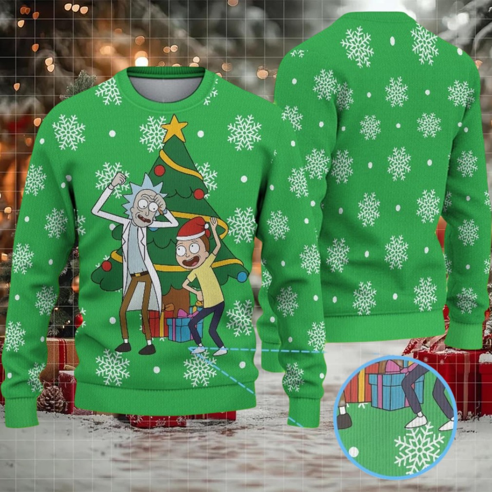 Green Ugly Christmas Sweater with White Snowflake Pattern Featuring Rick and Morty Christmas Tree