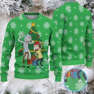 Green Ugly Christmas Sweater with White Snowflake Pattern Featuring Rick and Morty Christmas Tree
