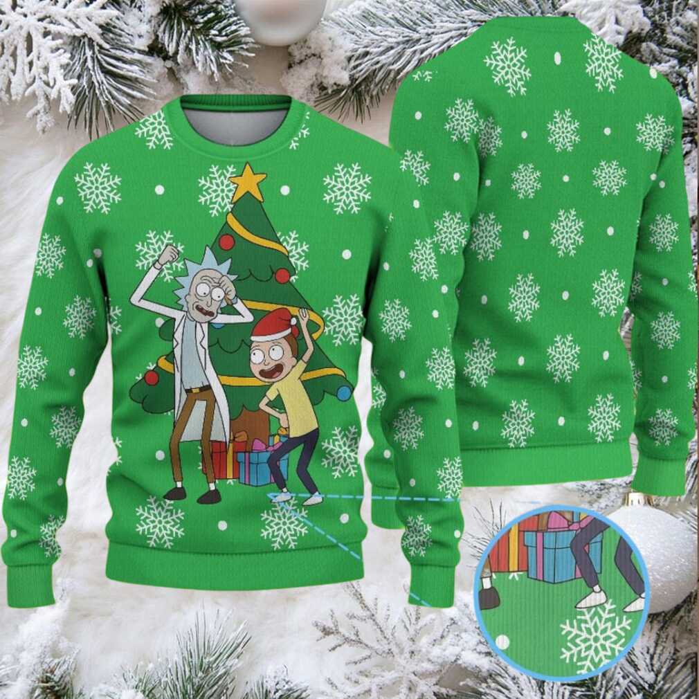Green Ugly Christmas Sweater with White Snowflake Pattern Featuring Rick and Morty Christmas Tree