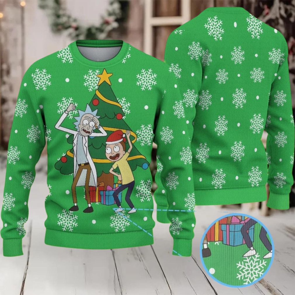Green Ugly Christmas Sweater with White Snowflake Pattern Featuring Rick and Morty Christmas Tree Green Ugly Christmas Sweater with White Snowflake Pattern Featuring Rick and Morty Christmas Tree