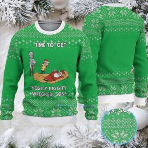 Green Ugly Christmas Sweater with White Snowflake Pattern Featuring Rick and Morty Riggety Wrecked Son