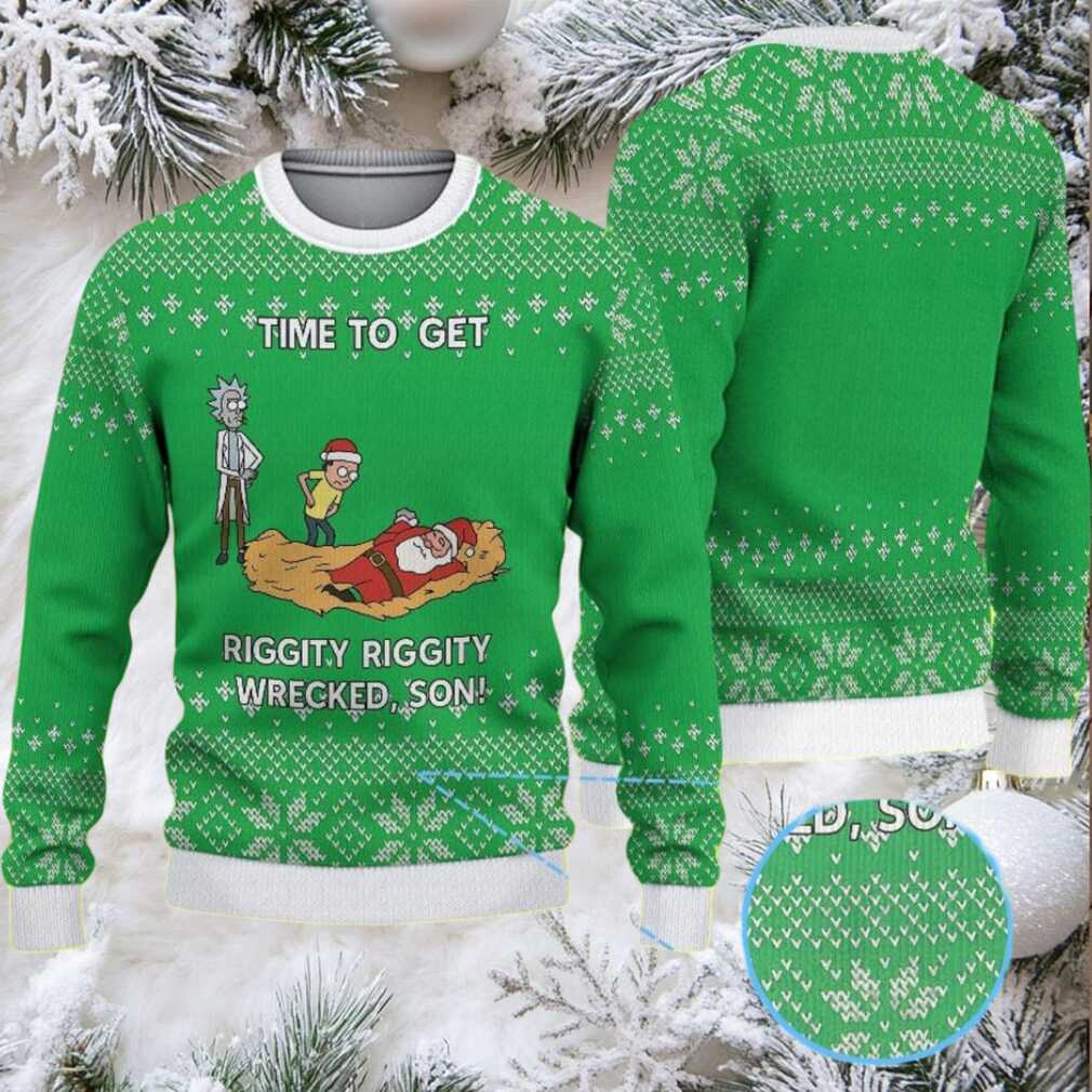 Green Ugly Christmas Sweater with White Snowflake Pattern Featuring Rick and Morty Riggety Wrecked Son Green Ugly Christmas Sweater with White Snowflake Pattern Featuring Rick and Morty Riggety Wrecked Son