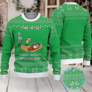Green Ugly Christmas Sweater with White Snowflake Pattern Featuring Rick and Morty Riggety Wrecked Son