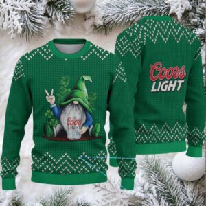 Green & White Knit Pattern “Peace Gnome Holding Coors Light” Ugly Christmas Sweater – Coors Light Edition