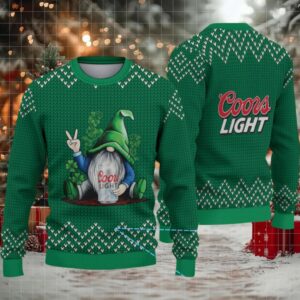 Green & White Knit Pattern “Peace Gnome Holding Coors Light” Ugly Christmas Sweater – Coors Light Edition