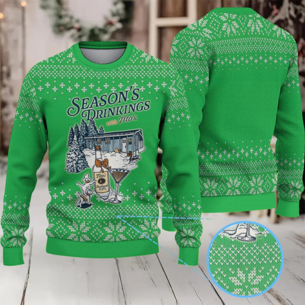 Green White Snowflake Pattern Tito’s Handmade Vodka “Season’s Drinkings” Ugly Christmas Sweater Green White Snowflake Pattern Tito’s Handmade Vodka “Season’s Drinkings” Ugly Christmas Sweater