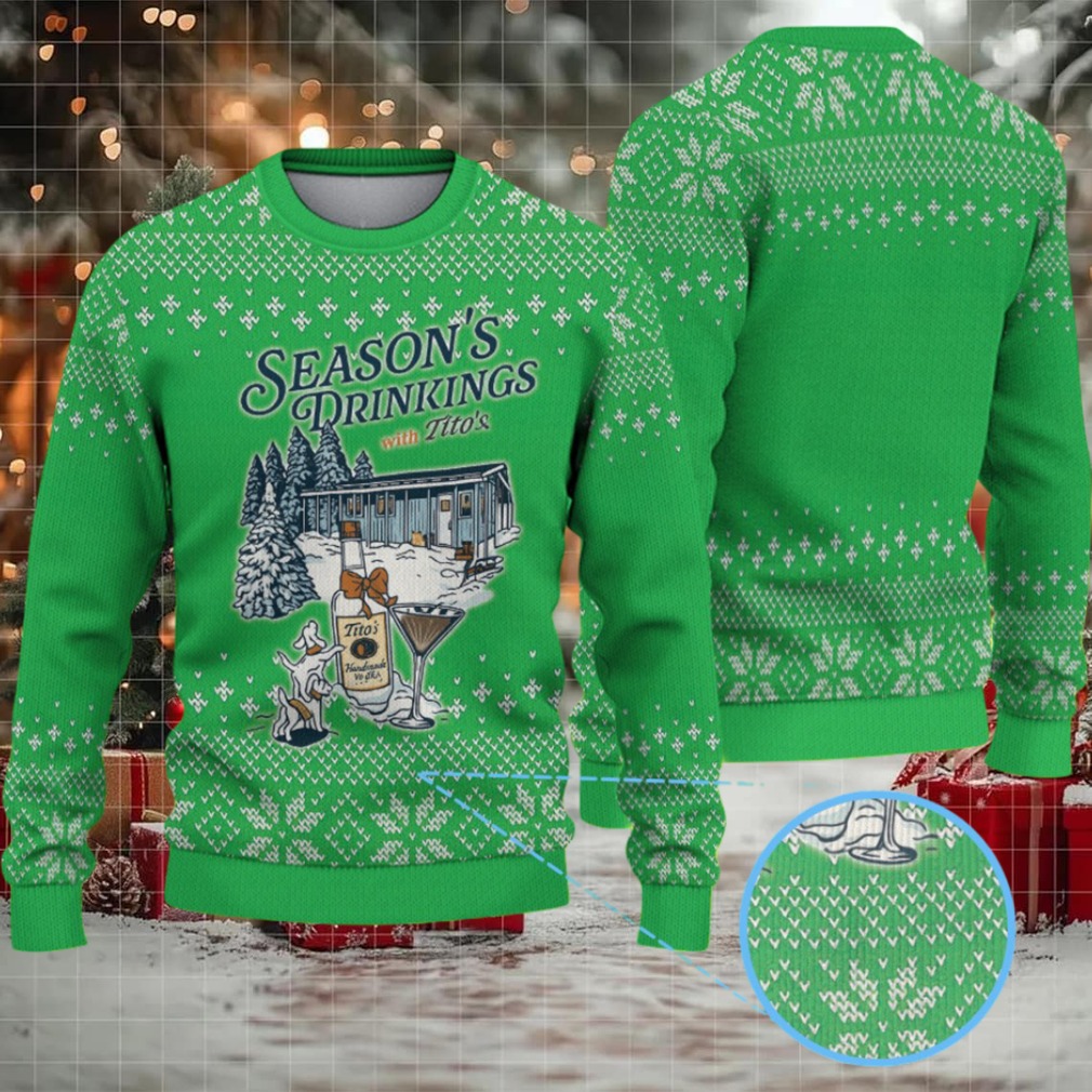 Green White Snowflake Pattern Tito’s Handmade Vodka “Season’s Drinkings” Ugly Christmas Sweater Green White Snowflake Pattern Tito’s Handmade Vodka “Season’s Drinkings” Ugly Christmas Sweater