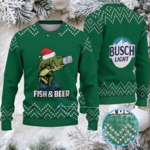 Green & White Zigzag Knit “Busch Light Fish & Beer” Ugly Christmas Sweater