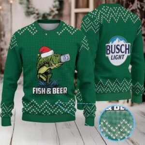 Green & White Zigzag Knit “Busch Light Fish & Beer” Ugly Christmas Sweater