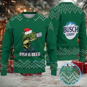 Green & White Zigzag Knit “Busch Light Fish & Beer” Ugly Christmas Sweater