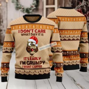 Grumpy Owl I Want Coffee Ugly Christmas Sweater Yellow Cheap