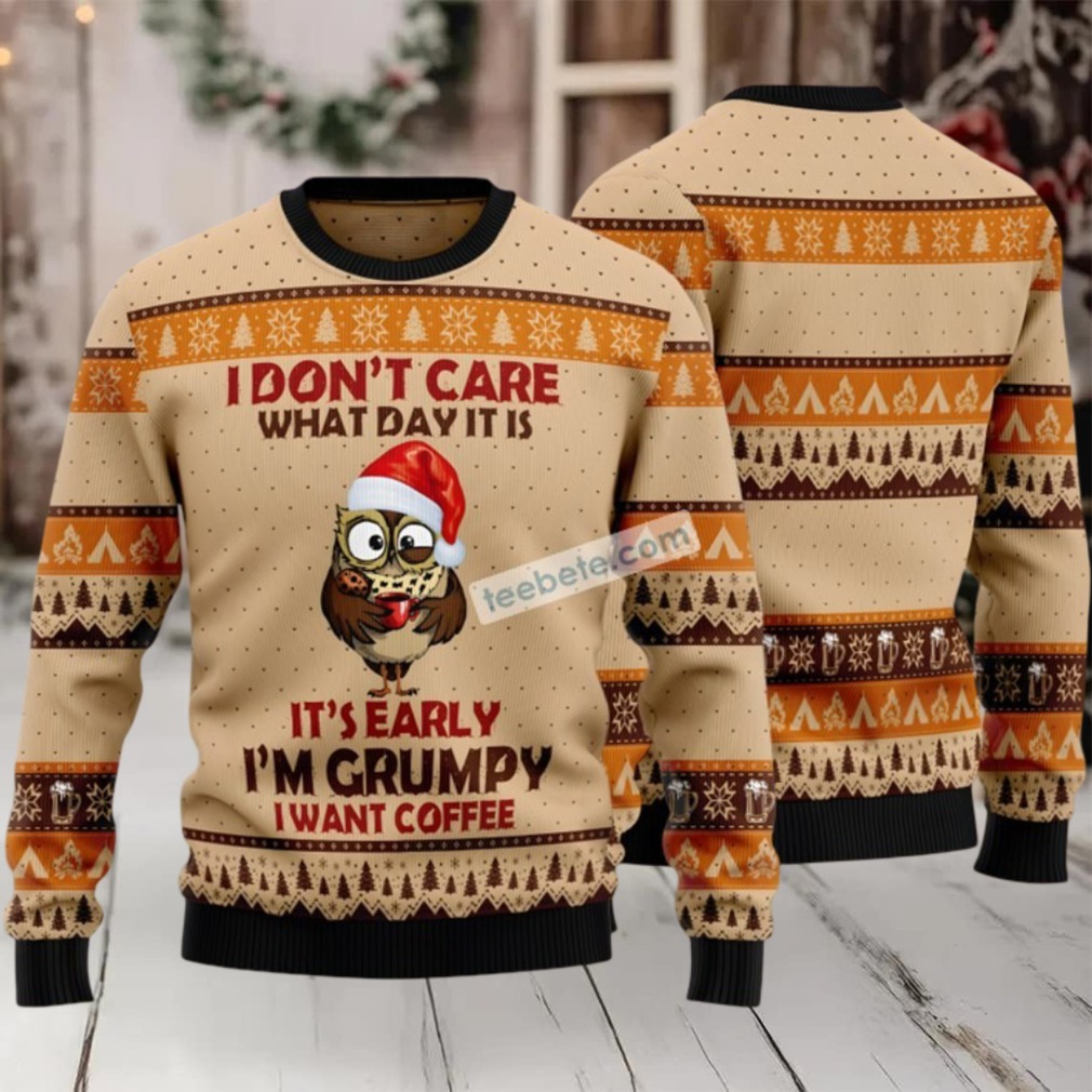 Grumpy Owl I Want Coffee Ugly Christmas Sweater Yellow Cheap Grumpy Owl I Want Coffee Ugly Christmas Sweater Yellow Cheap