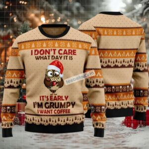 Grumpy Owl I Want Coffee Ugly Christmas Sweater Yellow Cheap