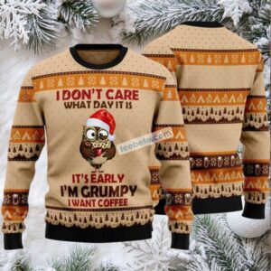 Grumpy Owl I Want Coffee Ugly Christmas Sweater Yellow Cheap