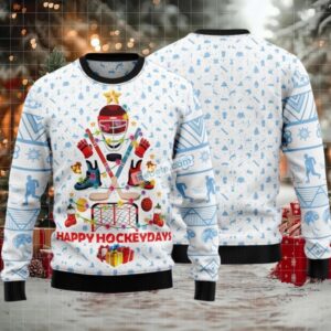 Happy Hockey Day Player Ugly Christmas Sweater White Cheap
