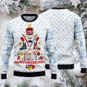 Happy Hockey Day Player Ugly Christmas Sweater White Cheap