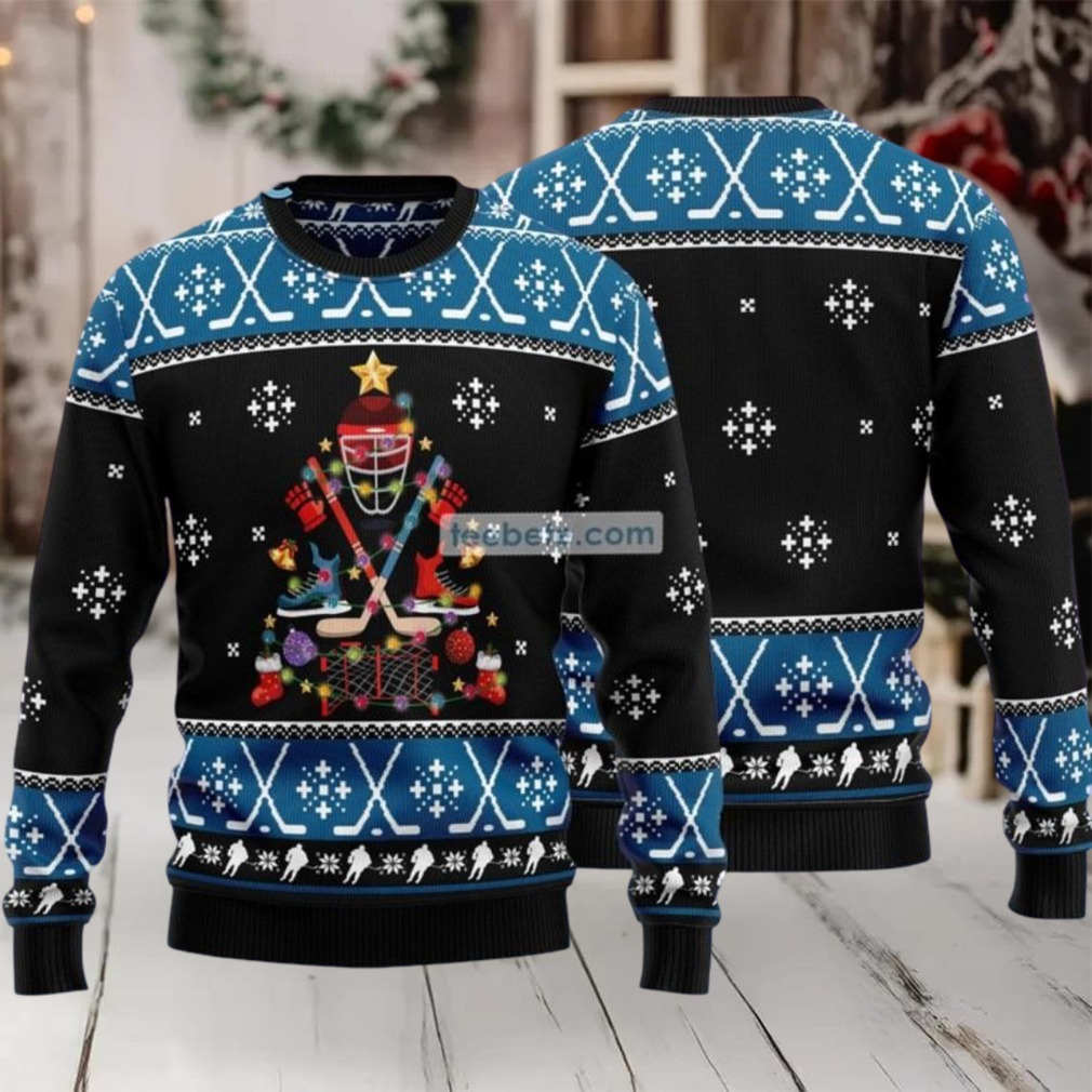 Happy Hockey Day Ugly Christmas Sweater Blue Light Up