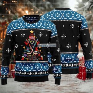Happy Hockey Day Ugly Christmas Sweater Blue Light Up