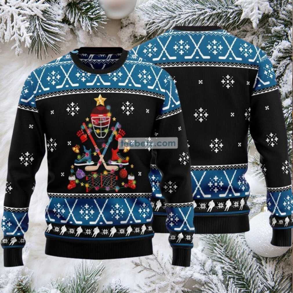 Happy Hockey Day Ugly Christmas Sweater Blue Light Up Happy Hockey Day Ugly Christmas Sweater Blue Light Up
