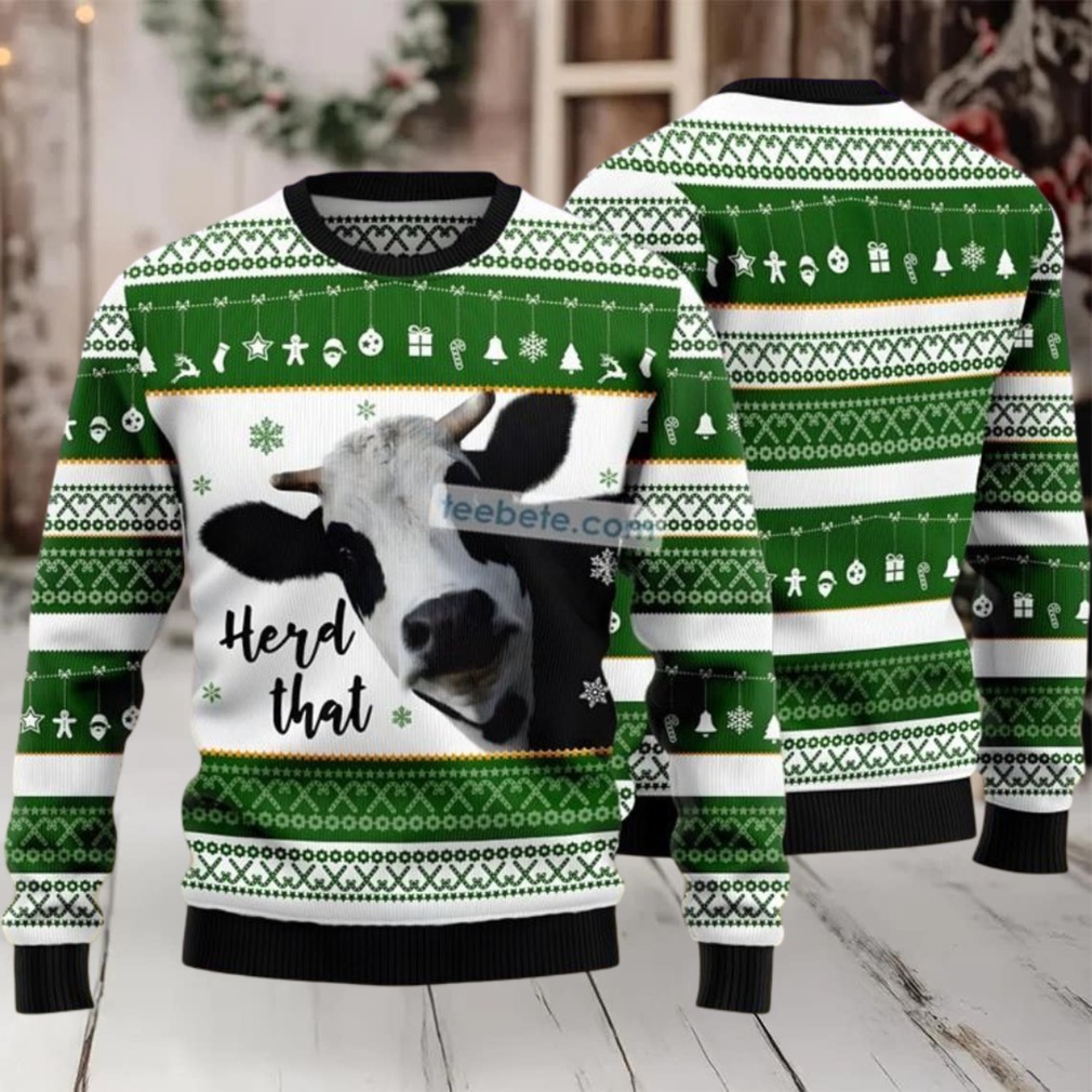 Herd That Cow Face Ugly Christmas Sweater Green White Womens