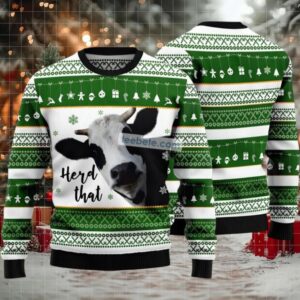 Herd That Cow Face Ugly Christmas Sweater Green White Womens