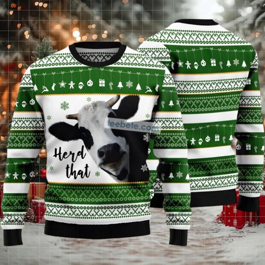 Herd That Cow Face Ugly Christmas Sweater Green White Womens