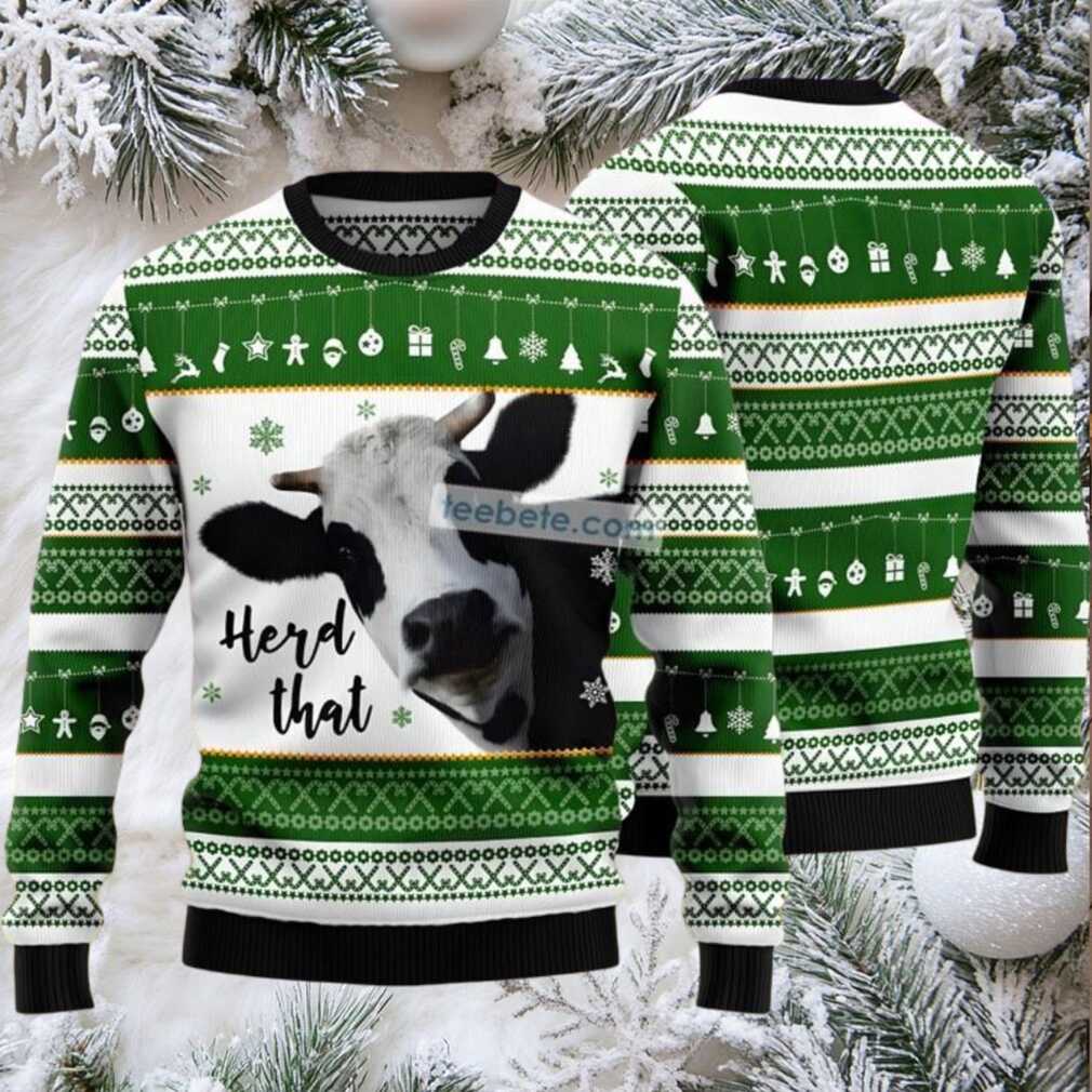 Herd That Cow Face Ugly Christmas Sweater Green White Womens Herd That Cow Face Ugly Christmas Sweater Green White Womens