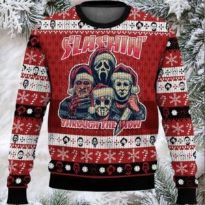 Horror Characters Slashing Through The Snow Ugly Christmas Sweater